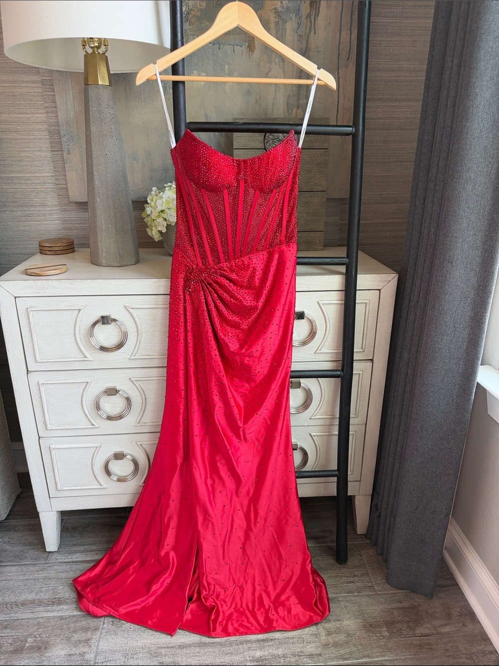 Sherri Hill Red Beaded Satin Prom Gown